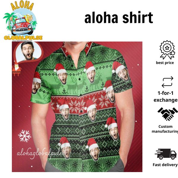 Men’s Custom Face Wear Santa Hat Christmas Hawaiian Shirt Personalized Christmas Gift