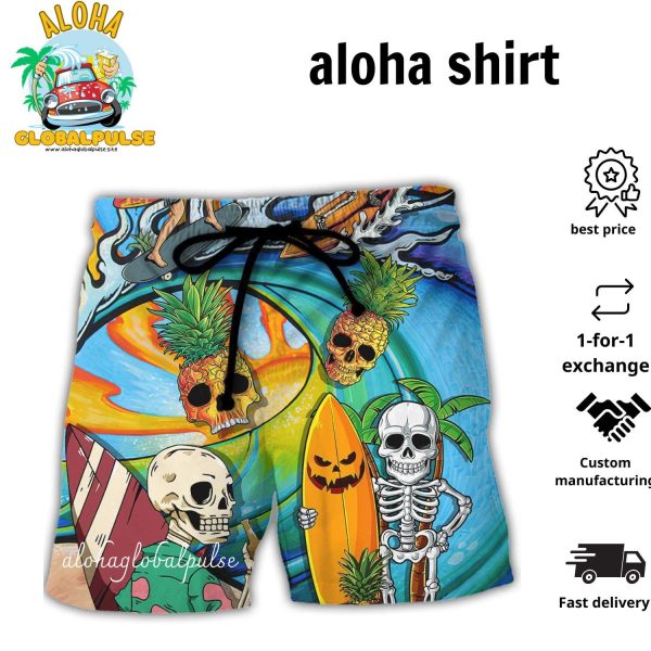 Surfing Funny Skeleton Never Underestimate An Old Guy On A Surfboard Surfing Lovers Pulse Aloha Hawaiian Beach Shorts